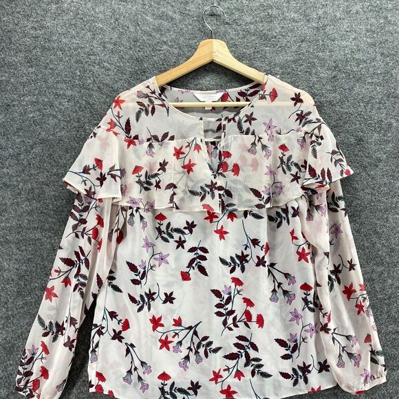 LC Lauren Conrad Blouse Women S Small White Floral Long Sleeve Round Neck Sheer - Picture 3 of 9